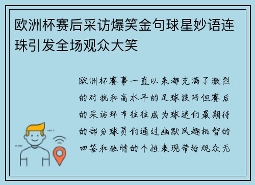 欧洲杯赛后采访爆笑金句球星妙语连珠引发全场观众大笑